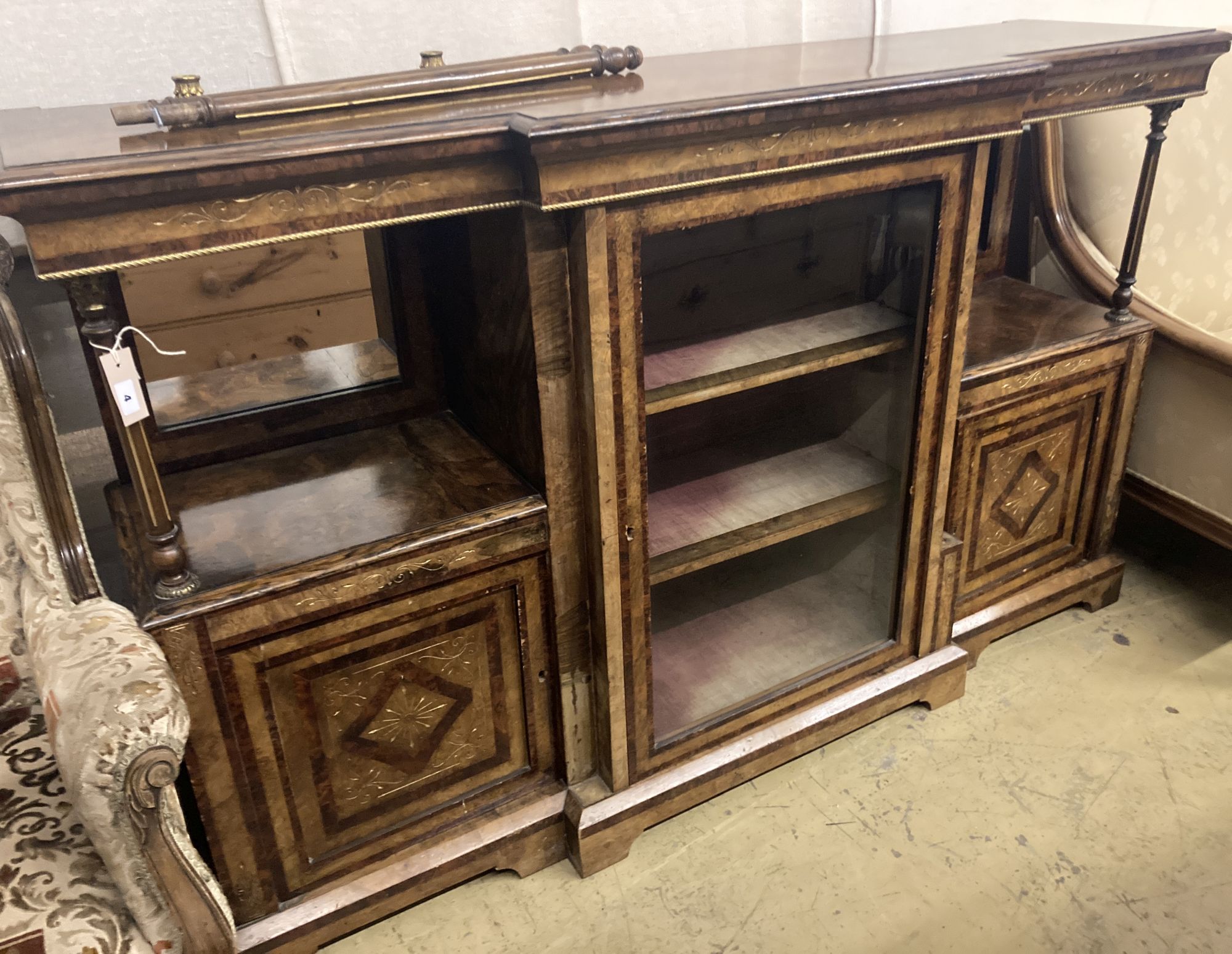 A late Victorian figured walnut breakfront side cabinet, width 168cm depth 43cm height 104cm